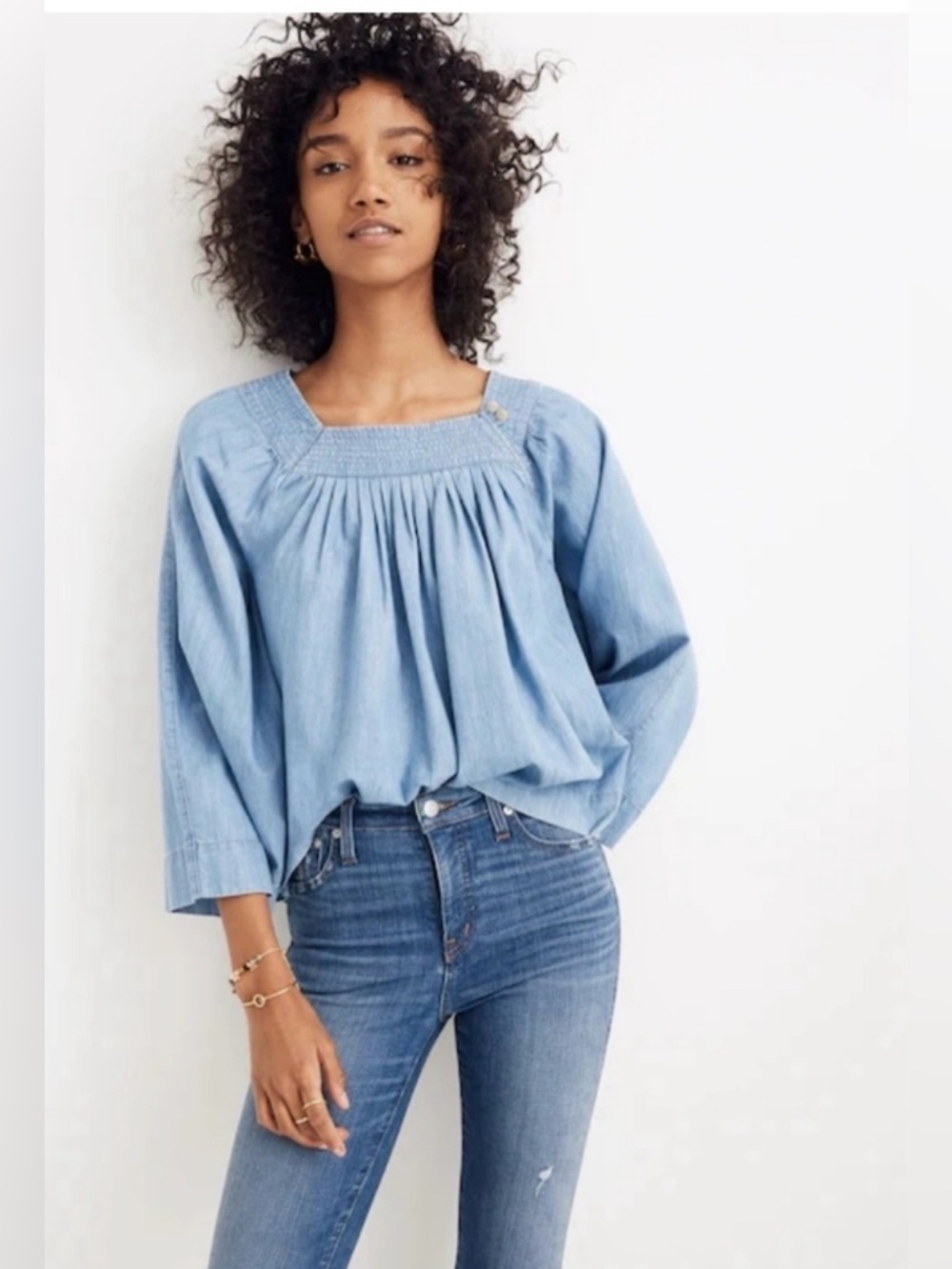 Madewell Chambray Denim Blue Peasant Top Blouse | Square Neck | Size S